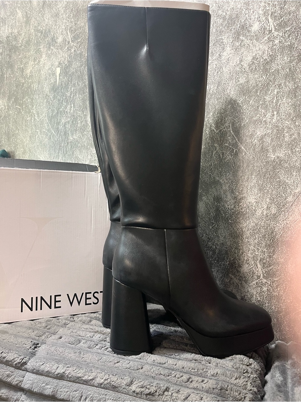 Nine West Black Leather Platform Knee-High Chunky Heel Boots